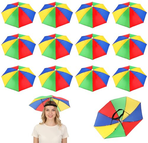 xozeooeu 12 Pack Umbrella Hat with Elastic Band, Rainbow 21 Inch Waterproof Hands Free Head Umbrella Cap for Fishing, Gardening, Beach, Outdoor Sun and Rain Protection