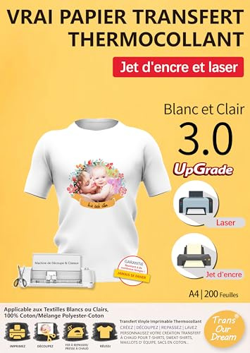 TransOurDream 200 Feuilles*A4 Papier Transfert pour Textile clair 3.0 | Compatible Imprimantes Jet d'Encre & Laser, Papier Transfert pour T-Shirt ou Textile Blanc et Clair, Non Impression Miroir