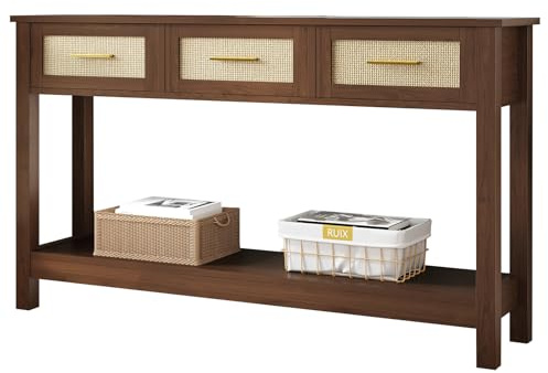 Luoxiao Konsolentisch Schmal mit Schubladen, 120x30x80 cm, Rattan Flurtisch Eingangstisch mit Offene Ablage Boho Moderner Holz Konsolentisch für Wohnzimmer, Flur, Foyer Walnuss