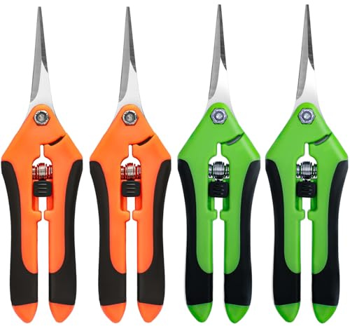 4 Pack Garden Shears Stainless Steel Pruning (Orange/Green) | Gardening Tools, Scissors, Clippers, Sharp Blades for Plants Flowers Herbs