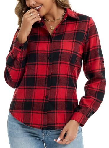 Famrrifuu Chemise Femme a Carreaux Classique Chemisier en Flanelle Chic et élégant Blouse Shirt Coton Décontractée
