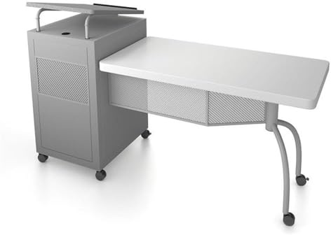 Pemberly Row Contemporary Metal Teacher's Desk and Lectern Combo, Adjustable Height, Gray Hammertone Steel Frame, Blow-Molded Plastic Desktop, Locking Storage, Mobile Office Furniture for Classroom