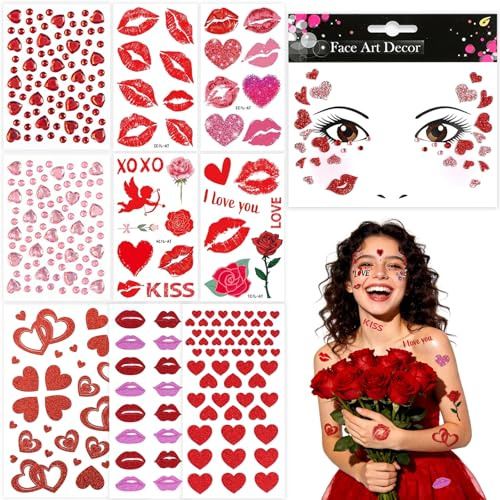 10 Blatt Herz Sticker Gesicht Glitzer Gesichtstattoo Karneval Glitzersteine Gesicht Tattoo Selbstklebend Amor Kostüm Accessoires für Fasching Valentinstag Schminke Karneval Weihnachten DIY Basteln