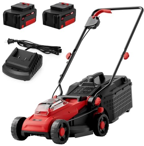 MZK 20V 34cm Brushless Cordless Lawnmower, Lightweight Push Mower with 4 Cutting Heights, 31L Grass Collection Box, 2x 4.0Ah Batteries & Charger Included, Red