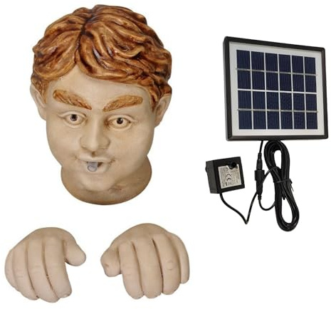 Storm's Gartenzaubereien Solar Wasserspeier Kopf mit Händen aus Keramik - 3 teiliges Set für Garten/Miniteich - Stromlos mit 3m Kabel - Handbemalte Teichfigur inkl. Solarpumpe