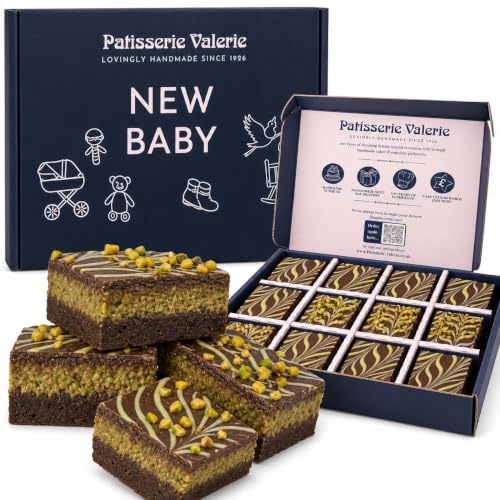Patisserie Valerie New Baby Dubai-Style Brownie Gift Box - 12 Brownies | Chocolate, Pistachio and Kunafa, Letterbox Delivery, Rich Fudgy Centres, Handmade Since 1926, Carefully Packed