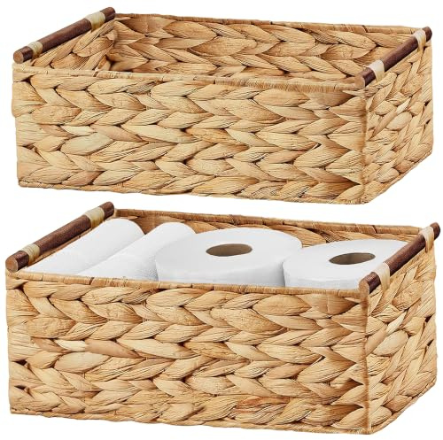 Vagusicc Wicker Storage Basket with Handles, Set of 2 Water Hyacinth Organiser Storage Basket for Shelves, Wicker Hamper Basket With handles Gift Toys Bathroom Basket Toilet Paper Basket, S&M
