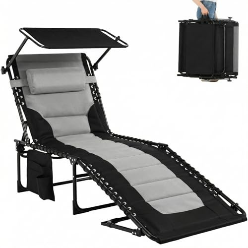 LIFERUN Strandliege Klappbar,mit Dach,5-Fach Verstellbarer Rückenlehne,Grau | Stahl, Oxford-Gewebe, Polyester,Gartenliege bis 150 kg, faltbar für Balkon, Camping, Pool,200x 68x 35cm,Grau-schwarz,tragbar