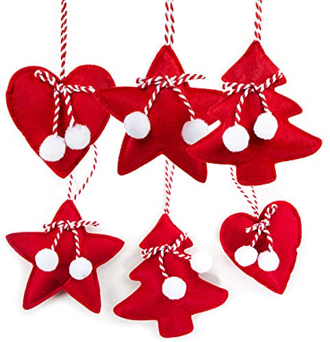 Weihnachtsanhänger Filz, 6 Stück: Anhänger Stern, Tannenbaum & Herz, Geschenkanhänger Weihnachten, Stoffanhänger Geschenke, Weihnachtsbaum & Zweige, Baumschmuck Klein, Weihnachtsdeko Rot, 11-13 cm