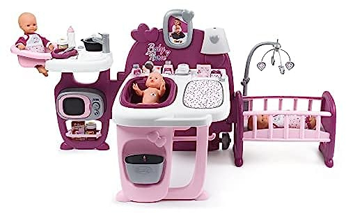 Smoby 220349 Stort Baby Skötsel set, Kök, Badrum och Sovrum med Tillbehör, Rosa, Lila, Komplett set