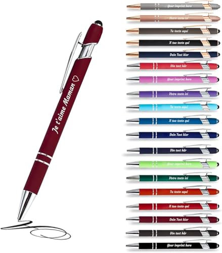 Jolis Papiers - x12 - Stift personalisiert 2 in 1 - Personalisierter Kugelschreiber mit Gravur I Chrom-Metall I Soft Touch Feeling I schwarz schreiben I integrierter Stylus