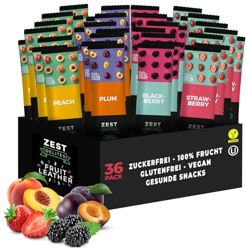 Zest Delites Fruchtriegel, Apple-Basiert Gesunde Snacks, Glutenfreie Süßigkeiten, Vegane Süßigkeiten Ohne Zusatz von Zucker, Low Calorie 25g x 36 Pfirsich, Pflaume, Brombeeren, Erdbeeren