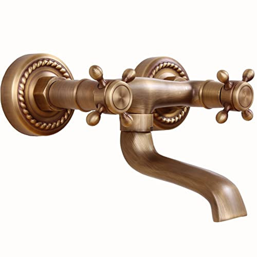 BiaoTeng Mitigeur Mural Lavabo Ancien,Robinet De Cuisine Laiton Antique Double PoignéE,Robinet Mitigeur Lavabo Mural,Robinet Lavabo Retro Laiton