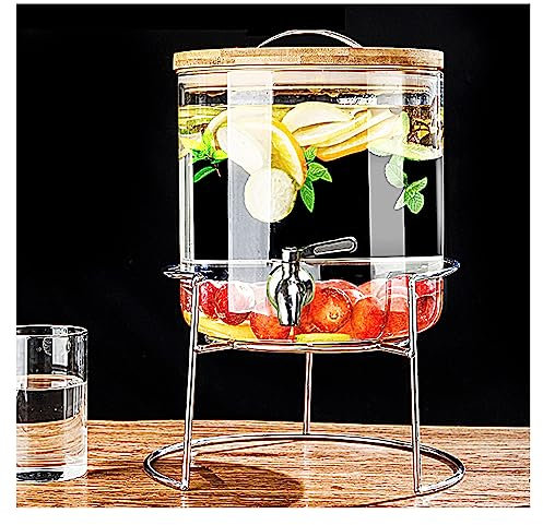 Dispensador De Bebidas De Cristal,Jarra De Vidrio Botella Con Base Grifo Y Tapa De Madera Para Dispensador Bebidas Botella Vidrio Bebida Caliente O Fría Para Fría,Café,Leche,Stainless steel faucet,5L