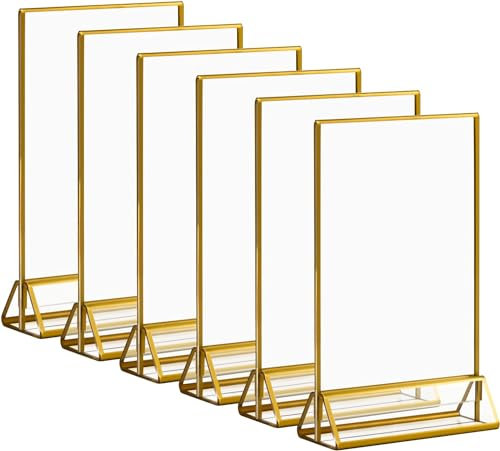 LATERN 6Pcs A5 Clear Acrylic Sign Holder with Gold Border, 15CM x 21CM Double Sided Table Menu Holders Picture Frames with Vertical Stand for Wedding Table Numbers, Restaurant Signs, Photos Display
