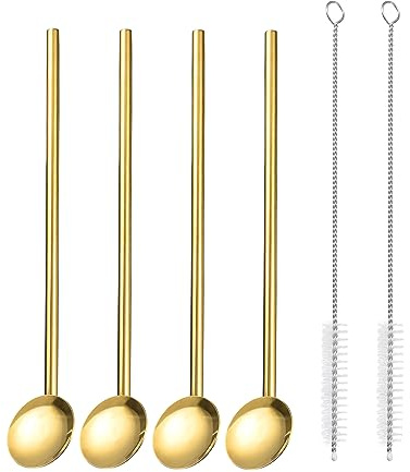 sourcing map Stainless Steel Straws Spoons, 4Pcs 7.7 Reusable Metal Drinking Straw Spoon with Cleaning Brushes for Milkshake Drinks Cocktail, Gold