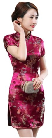 Black Sugar Abito Qipao Corto e Lungo a Maniche Corte con Motivo Drago in Broccato Cheongsam Tunica, bordeaux, 4XL Taille Petite