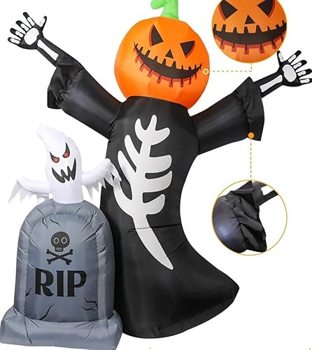 Halloween Deko XXL Geist mit Grabstein Indoor+Outdoor, selbst aufblasbar, mit Halterungen, LED beleuchtet, wasserdicht, CE und TÜV Zertifiziert