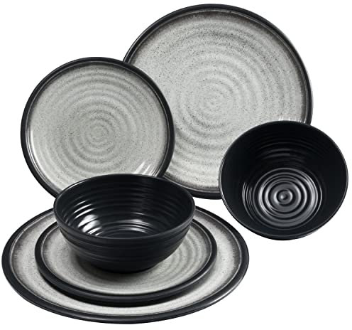 Melamin Geschirr Set für 2 Personen Grau Granit-Optik 6 Teile - Campinggeschirr Geschirrset Tafelgeschirr - Spülmaschinengeeignet Tableware Outdoor Camping