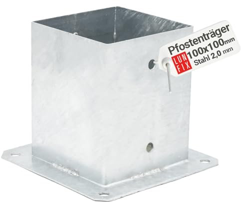 Pfostenbasis - Pfostenträger 100 x 100 x 2,0mm - Höhe 150mm - Pfostenanker - 1 Stück - Pfostenhalterung-Korrosionsbeständig - Vierkantholzpfosten - Feuerverzinkter Stahl - für Zaunpfosten
