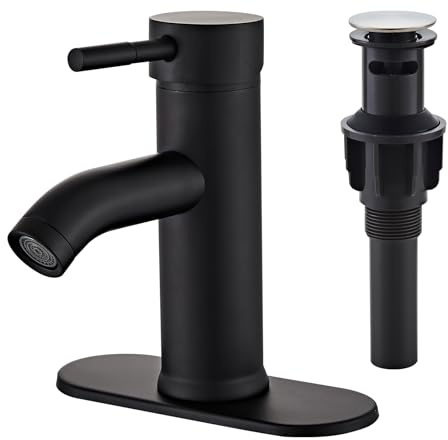 Black Bathroom Sink Faucet Single Hole Single Handle Bathroom Faucet Modern RV Faucet Commercial Washbasin Faucet Countertop Installation with Deck, Pop-up Drain and Supply Hoses