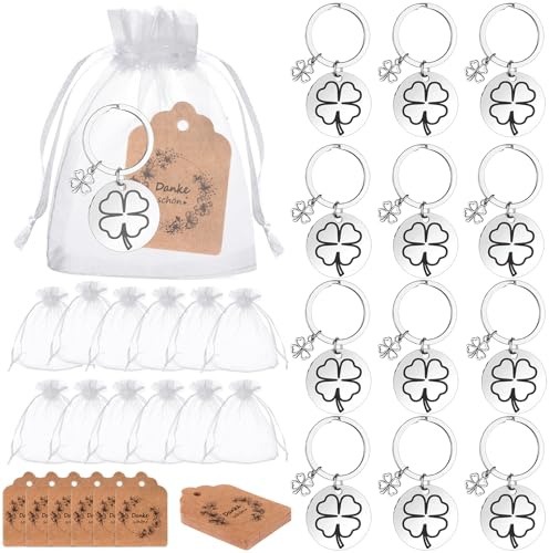 HAOWANWW - Set di 36 portachiavi con quadrifoglio, 12 in acciaio inox, 12 biglietti di ringraziamento, 12 sacchetti in organza, per donne, verde, Irish, Minimalist