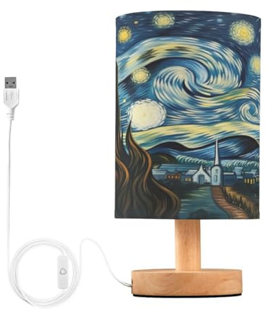 JUMBEAR Van Gogh - Lámpara de mesa de cielo estrellado, lámparas de mesita de noche con pantalla de tela de lino para dormitorio, sala de estar, bombilla LED incluida