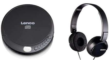 Lenco CD-010 - Tragbarer CD-Player Walkman - Diskman - CD Walkman - Mit Kopfhörern und Micro USB Ladekabel - Schwarz & Sony MDR-ZX110 Faltbarer Bügelkopfhörer, schwarz, 25