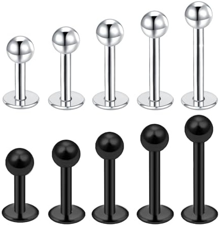 Besyvvin Labbro Piercing Acciaio Chirurgico 10 Pezzi 16G Labret Piercing 4-12mm Nero e Argento All'Orecchio Tragus Helix Cartilage Gioielli per Piercing