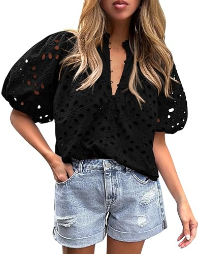 Chemisier d'été décontracté à manches courtes pour femme avec dentelle brodée et col en V, noir, Taille XL