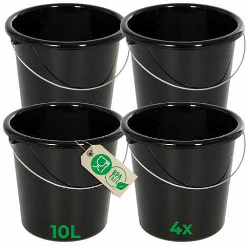 Novaliv 4 Stück Eimer 10L Schwarz mit Maßeinteilung - Putzeimer 10 Liter ? 28,5 cm Praktischer Allrounder mit Skala für Haushalt & Garten ideal als Haushaltseimer, Wassereimer, Wischeimer, Bucket