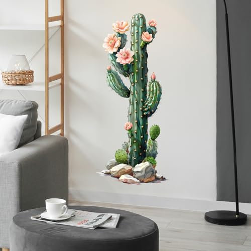 RoyoLam Calcomanías de pared de cactus con columna gigante en flor para sala de estar, naturaleza, plantas tropicales, calcomanías de pared para despegar y pegar, decoración del hogar, decoración para