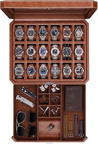 ROTHWELL Boîte à montres 18 emplacements avec tiroir - Boîte à montres de luxe pour homme, dessus en verre véritable, verrouillable, présentoir pour collections (tan/marron)