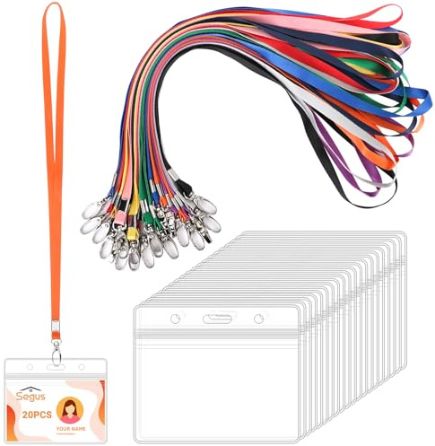 Segus Tour de Cou Porte Badge, 20 Pièces Cordon Tour de Cou avec Porte Badge en Pvc, Porte Carte Plastique Transparent, Lanyard avec Boucle Pivotante, pour Infirmiere, Enseignants, Médecins