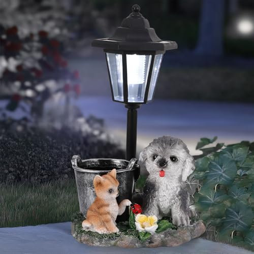SUNJULY Estatuas de jardín para perros, decoración solar para exteriores, estatuas de jardín para perros, adornos con luces solares, estatua de decoración al aire libre, resistente al agua, linda