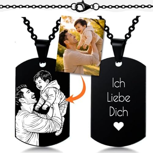 Lumari Gold Personalisierte Foto Halskette mit Gravur – Dog Tag Anhänger mit Fotogravur nach Bild (handgezeichnet) – personalisiertes Geschenk für Damen und Herren