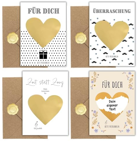 4er-Set DIY Rubbellose – personalisierbare Rubbelkarten – Mit goldenen Rubbelherzen, Kraftpapier-Umschlägen & Siegelstickern – Gutscheine für Überraschungen, besondere Anlässe & kreative Geschenkideen