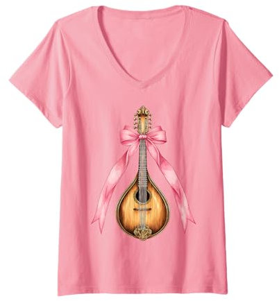 Femme Instrument de mandoline avec nœud à coquette Rose T-Shirt avec Col en V