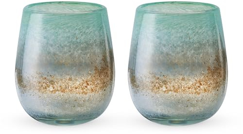 Segunda Vida Playa Bonita mundgeblasene Weingläser, recycelte mexikanische Gläser mit Küsteninspiriertem Meeresblau- und Sand-Design, stiellose Trinkgläser für Hochzeitsgeschenke, Weinliebhaber, 370