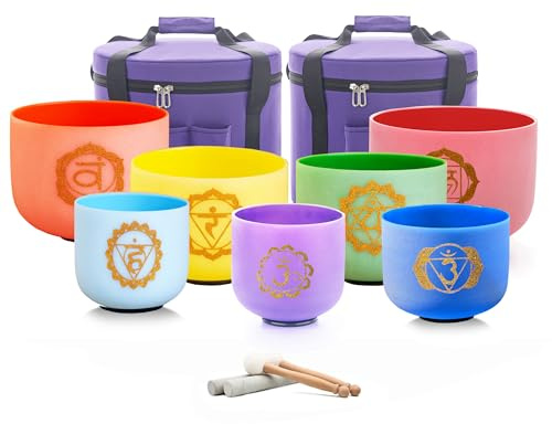 Hye-eun Lot de 7 bols chantants en cristal coloré, 432 Hz, 17,8 à 30,5 cm, au chakra doré, avec sac de transport, pour yoga, méditation, musique, vibration, guérison par le son