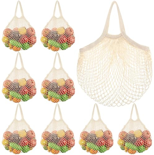 SATINIOR 8 Pcs Large Cotton String Shopping Bags 16x16x12 Inch Reusable Washable Cotton Mesh Grocery Bags Containers Beige Portable Net Tote with Handles for Fruit Vegetable Storage