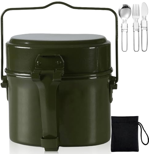 Behogan Bundeswehr Essgeschirr, Hitzebeständig Camping Kochgeschirr Outdoor mit Faltbarer Messer, Gabel und Löffel, Camping Geschirr aus Aluminium mit Klappgriffen für 1-2 Personen Geeignet