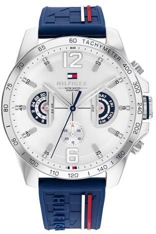 Tommy Hilfiger Orologio Analogico Multifunzionale al Quarzo per Uomo con Cinturino in Silicone, Acciaio Inossidabile o Pelle, Sottoquadranti per Giorno e Data, Resistente all'Acqua fino a 5ATM.