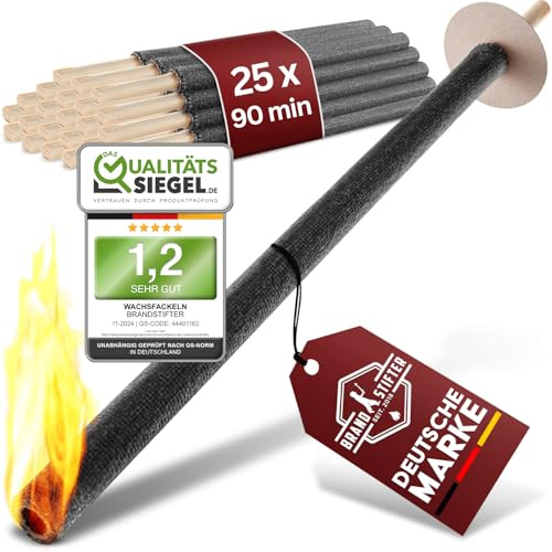 Brandstifter Lot de 25 torches jusqu'à 90 minutes pour les mariages en plein air, les enfants et les amis. Torches en cire noires pour la randonnée, la randonnée avec protection des mains