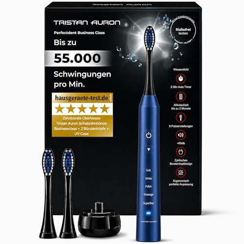 Elektrische Schallzahnbürste 55.000 VPM, 5 Modi, risikofrei 100 Tage testen | Tristan Auron blau, Beste Reisezahnbürste, Leistung & Überlegen, 60 Tage Akku, USB-Ladung, wasserfest, 2 Aufsteckbürsten