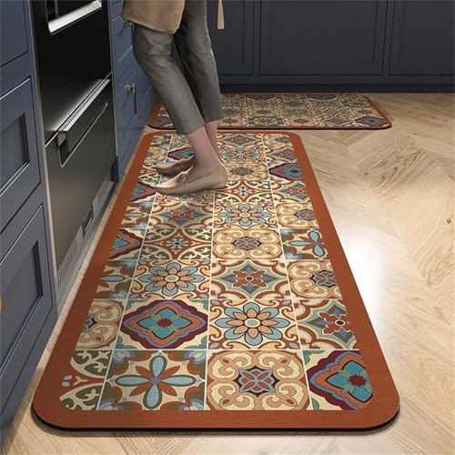 Highdi Europäischer Stil Klassisch Küchenläufer,Saugfähig Küchenteppich,Läufer Flur 2,5 mm Teppich Küche,rutschfest Diatomeenerde Teppich Läufer,für Eingangsbereich Esszimmer (Orange,60x180cm)
