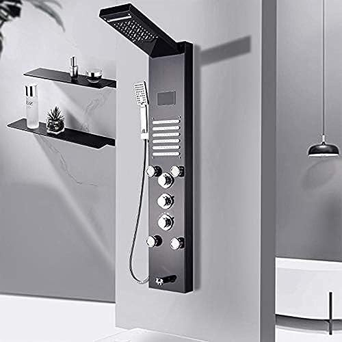 KLYDBMYT Colonne de Douche à Effet Pluie et Cascade, Panneau de Douche à LED, mitigeur thermostatique, Robinet de Douche avec douchette à Main, Noir