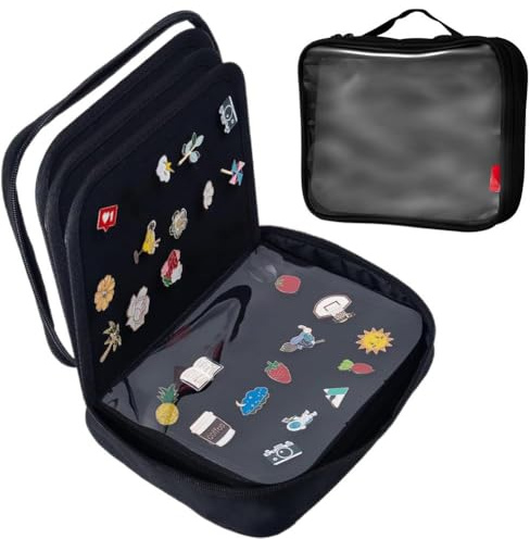 FLKWOP Pin Trading Books for Collector: 6-Page Black Portable Enamel Pins Display Album Case for Storage - Handle Travel Pin Folio Bags Holder for Kids Teens Collection