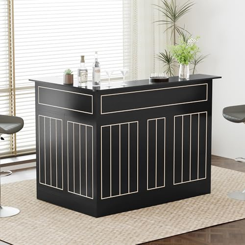 L-Shaped Home Bar Unit with Power Outlet, 4-Tier Corner Liquor Bar Cabinet with Storage Shelves, Drawer, Wine Glasses Holder, Wine Cabinet Reception Desk for Home Pub (L-Shape without Fridge Space)