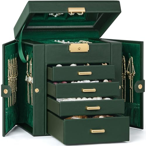 TORIBIO Schmuckkästchen für Damen, Leder-Schmuck-Organizer mit Spiegel und Schloss, 5-stöckiger Schmuck-Organizer mit 4 Schubladen für Mädchen/Frauen/Mütter, Halsketten-Ohrring-Armband-Halter